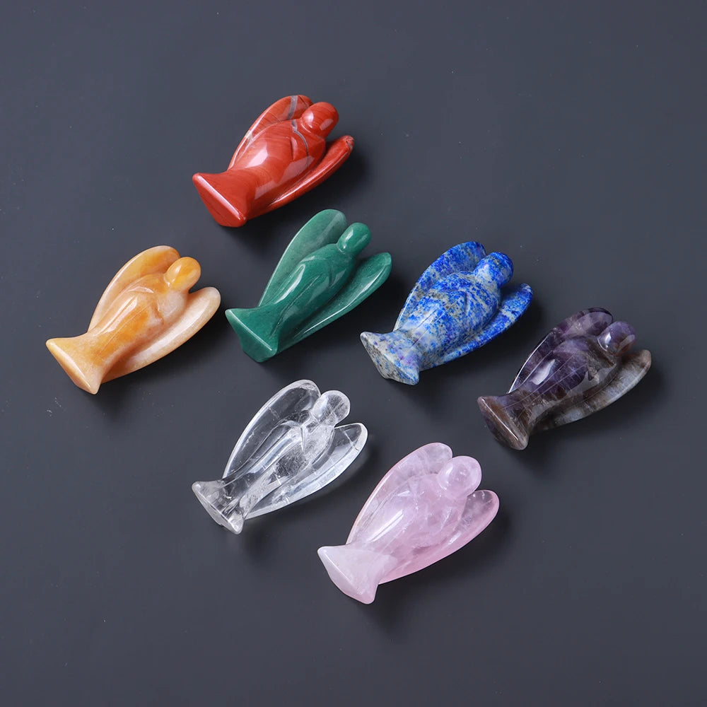 7pcs/set  Natural crystal angel Hand carved craftsPatron Saint Cure Gemstone Home Decoration wood Gift DIY