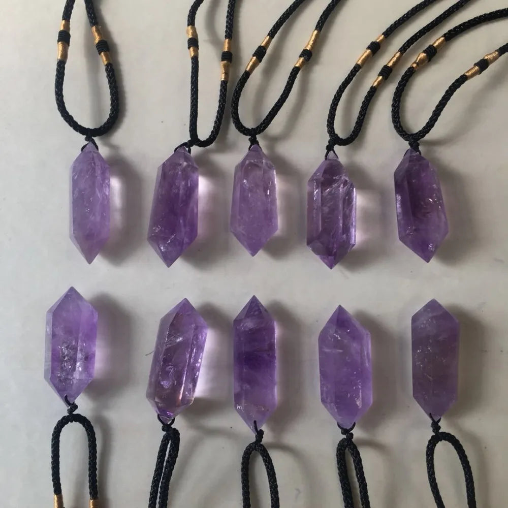 Buyde 1pc Natural Stone Pendants Amethyst Bullet Hexagonal Point Pendulum Column Reiki Healing Chakra Jewelry