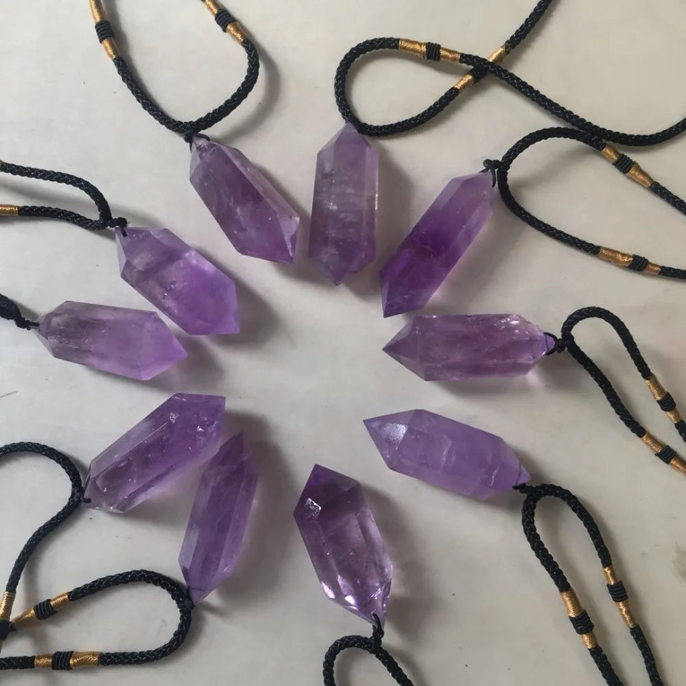 Buyde 1pc Natural Stone Pendants Amethyst Bullet Hexagonal Point Pendulum Column Reiki Healing Chakra Jewelry