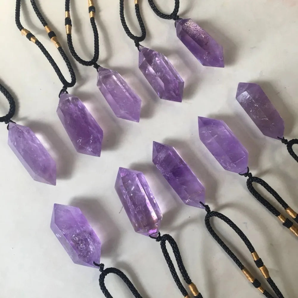 Buyde 1pc Natural Stone Pendants Amethyst Bullet Hexagonal Point Pendulum Column Reiki Healing Chakra Jewelry