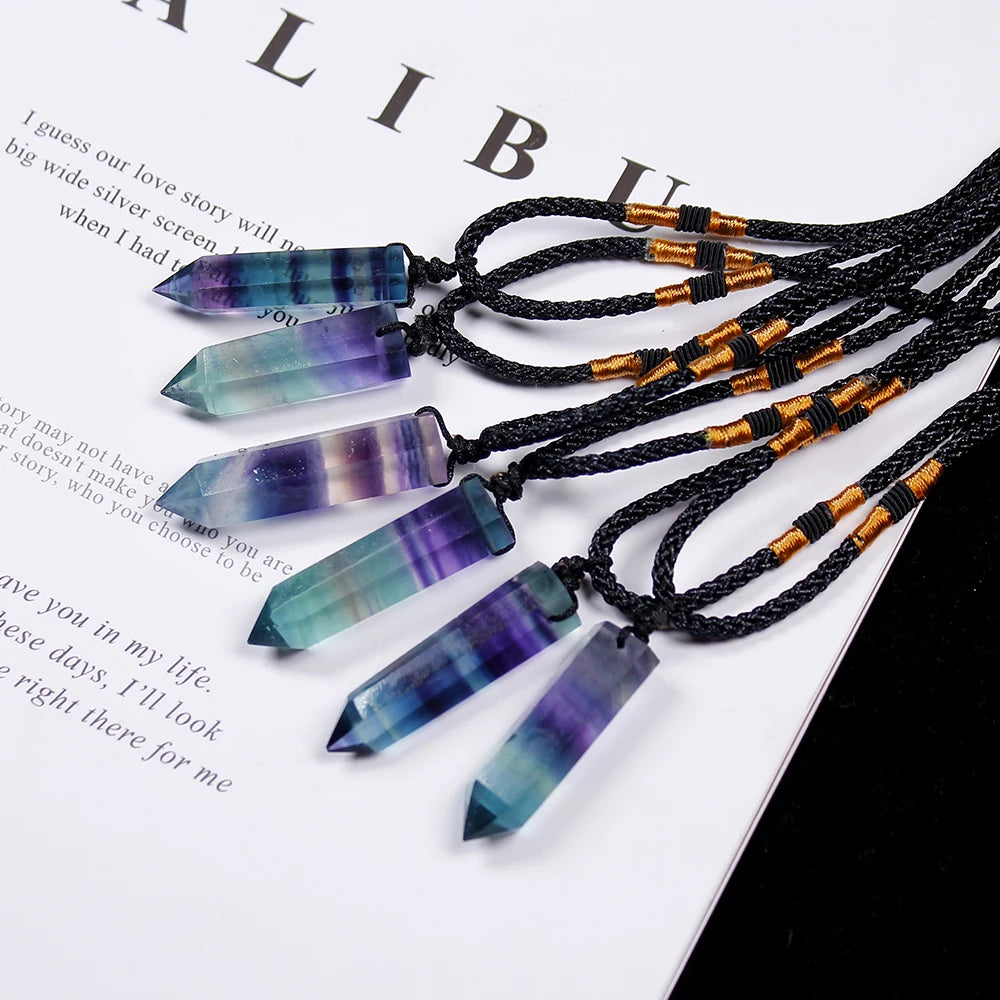 1pc Natural Crystal Rainbow Fluorite single point hexagonal prism Pendant Stripe crystal fluorite Necklace health energy stone