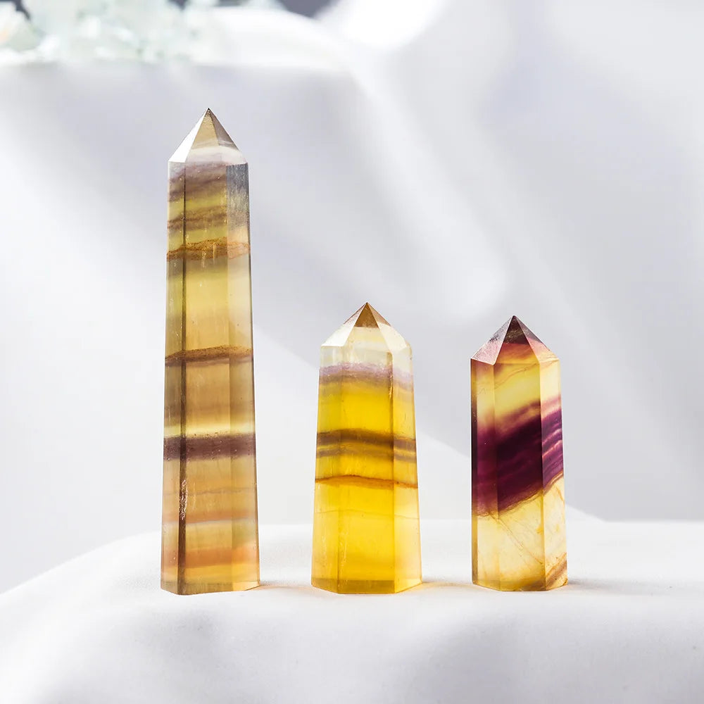 Natural Crystal Striped Fluorite Magic Point Health Energy Gem Hexagonal Ornament Yellow Fluorite Crystal column