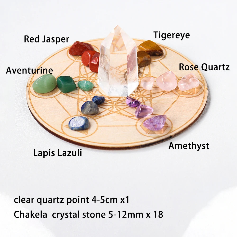 Natural Seven Chakra Crystal Gravel Yoga Wood Base Set Healing Gem Clear Quartz Energy Decoration