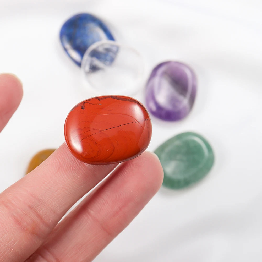 1set Natural Oval Worry Stone Seven Chakra Thumb Crystal Set Amethyst Rose Quartz Palm Gemstone For Anxiety Stress Relieve