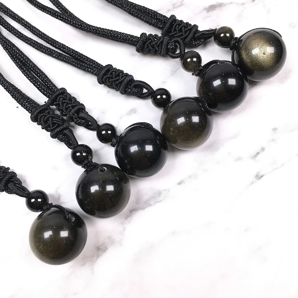 Buyde 1pc golden Obsidian 15mm Bead Pendant Necklace Drop Shipping Good Luck Jewelry For Woman Men