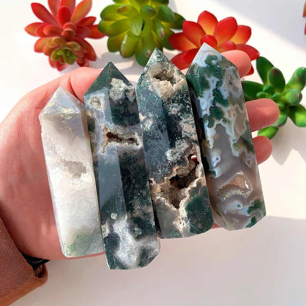 1PC Natural Crystal Hole Wand Green Water Grass Agate Point With Druzy Moss Jade Quartz Column Decorate