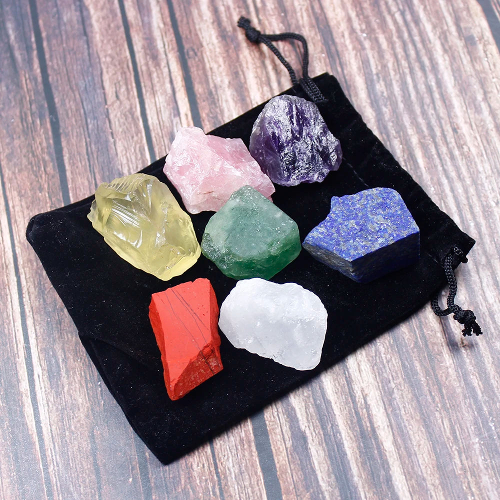 1 set Natural crystal stone seven chakras Black cloth bag large grain unpolished collection gift