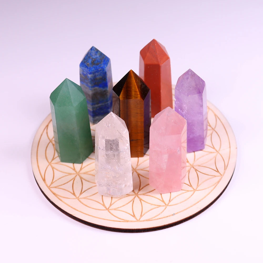 7pcs Natural crystal point stone seven Chakra magic wand Healing Stone with Wood base Mineral specimen collection gift box