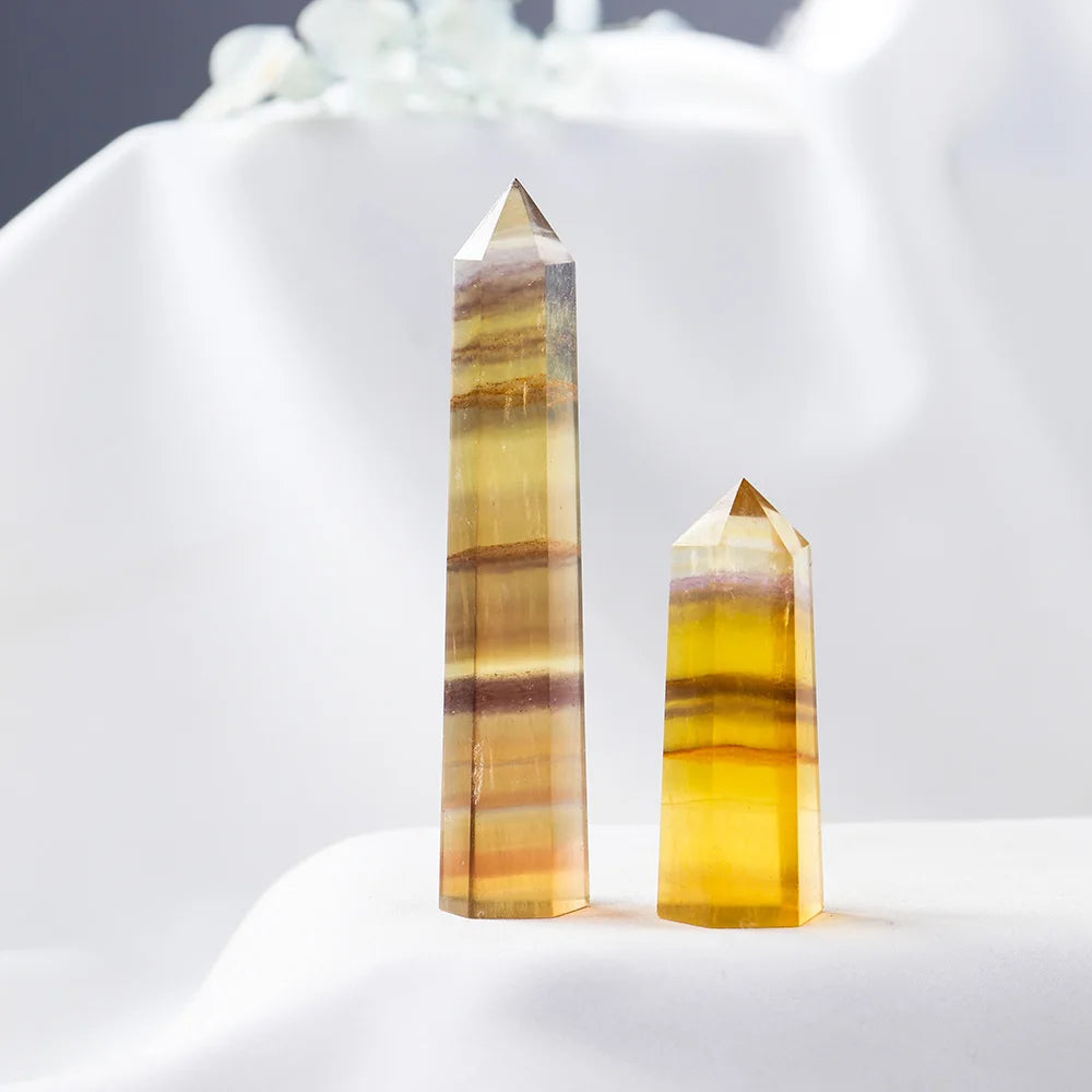 Natural Crystal Striped Fluorite Magic Point Health Energy Gem Hexagonal Ornament Yellow Fluorite Crystal column