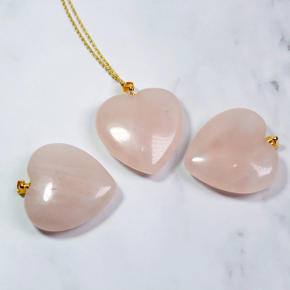 Buyde 1 pc   Natural Rose Quartzs GemStone Bead pink crystal Heart Gold Plated Reiki  stone Chakra Pendant Necklace