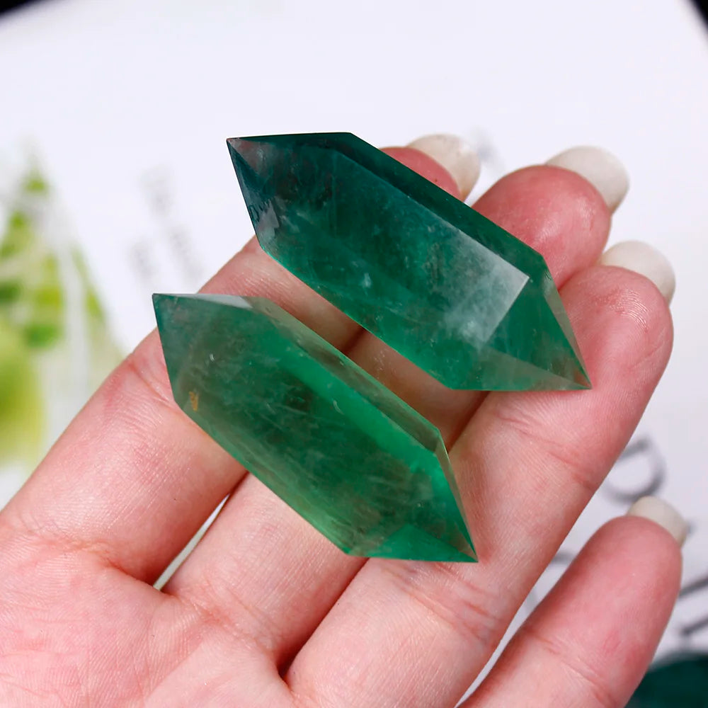 Buyde 1pcs 40-50mm Natural green fluorite crystal raw stone grinding double pointed crystal column Crystal craftwork