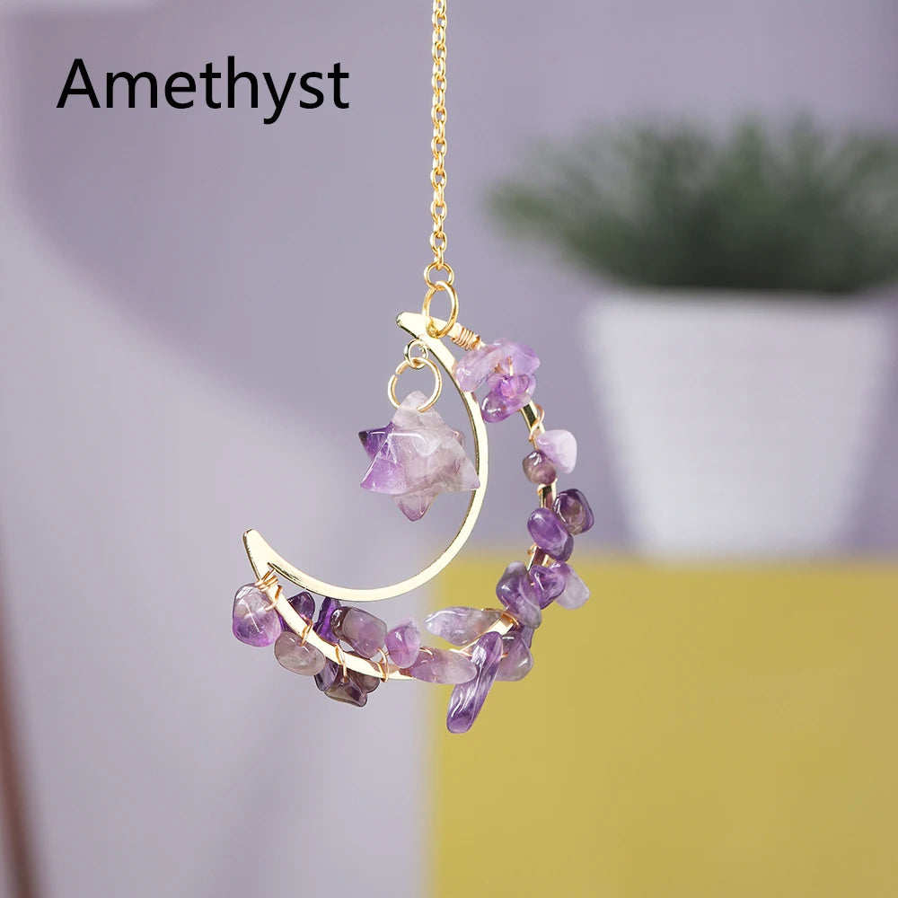 Natrual Colorful Crystal Gravels Merkaba Moon Shape Pendant Healing Amethyst Rose Quartz Trendy Jewelry Car Hangging Home Decor