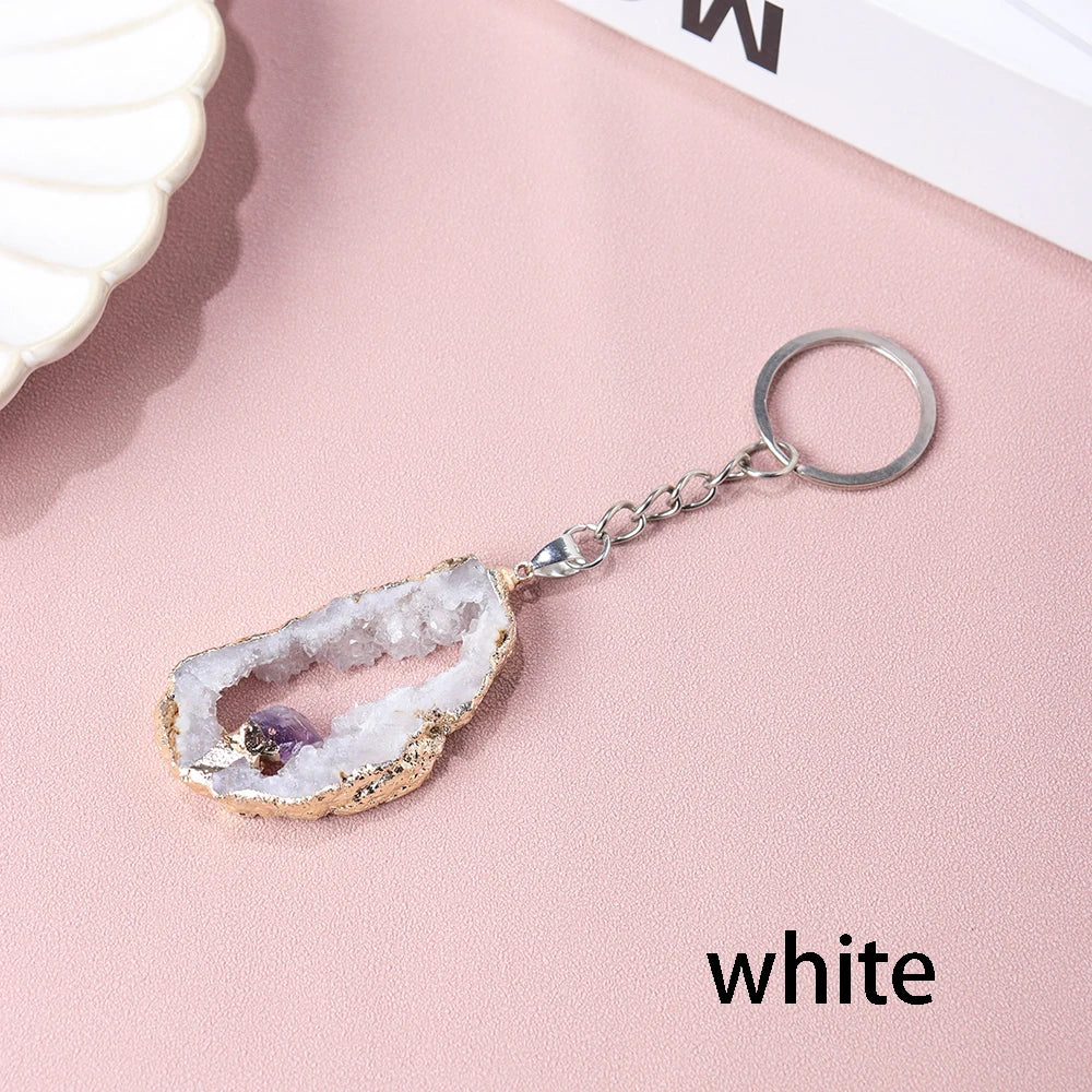 Natural Agate Cave Inlaid Amethyst Key Chain Energy Crystal Pendant Quartz Backpack Pendant Gem Decorative Gift