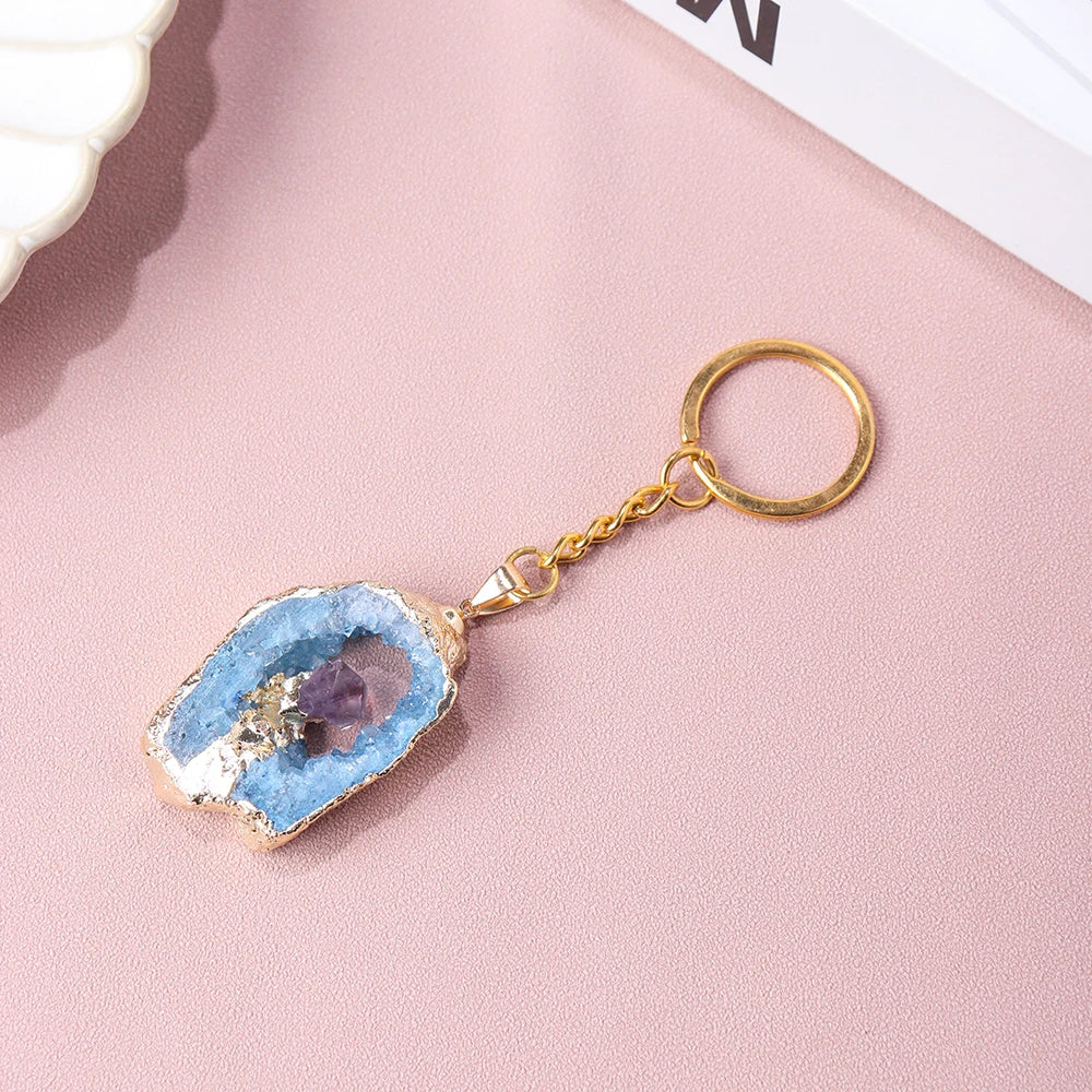 Natural Agate Cave Inlaid Amethyst Key Chain Energy Crystal Pendant Quartz Backpack Pendant Gem Decorative Gift