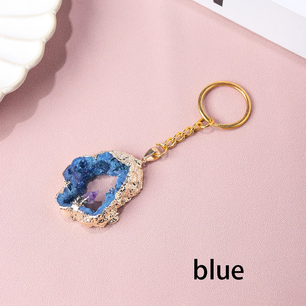 Natural Agate Cave Inlaid Amethyst Key Chain Energy Crystal Pendant Quartz Backpack Pendant Gem Decorative Gift