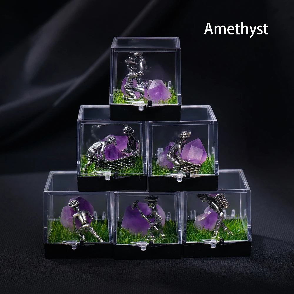 Natural Amethyst Cluster Malachite Miner Modeling Micro Landscape Decoration Crystal Raw Stone Mine Standard Home Decoration