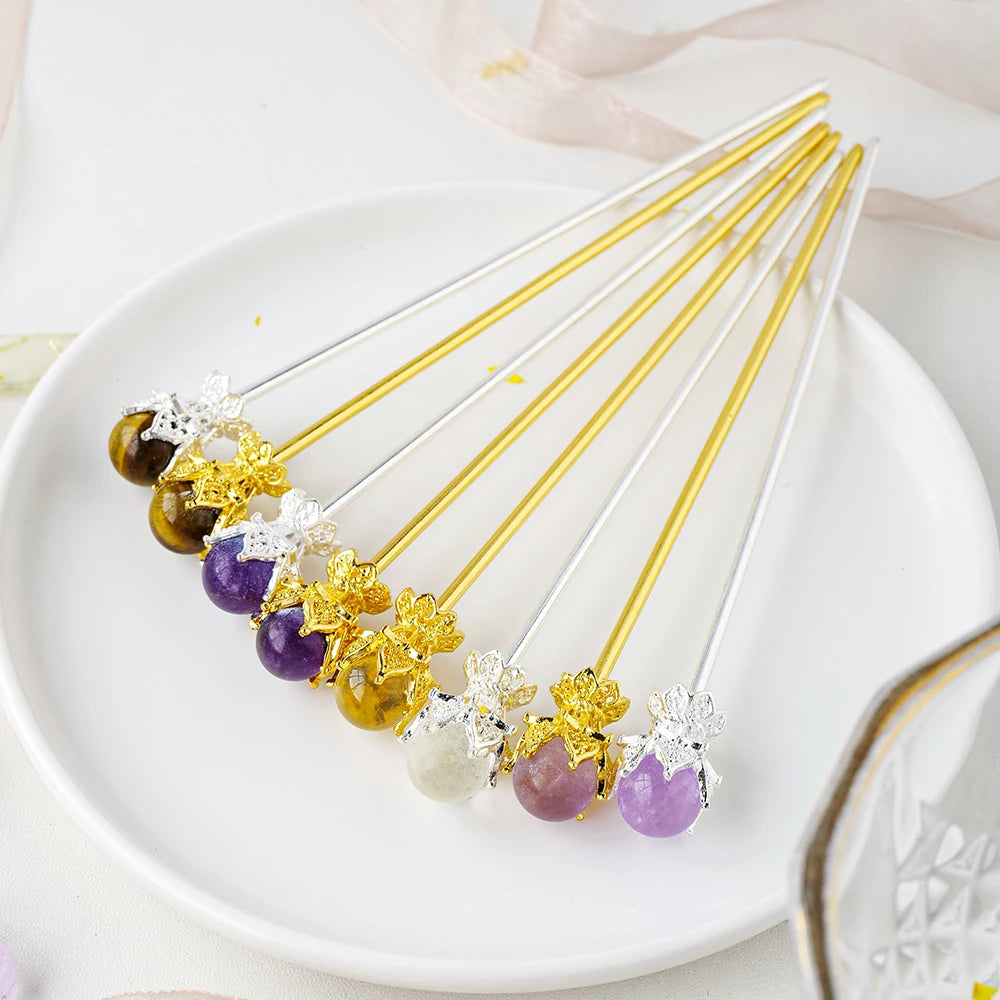 Natural Amethyst Sphere Crystal Ball Hairpin Chinese style Hair Clip Headwear Accessories for Women Girls Retro Jewelry Gift