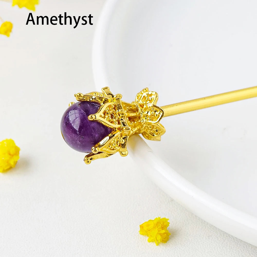 Natural Amethyst Sphere Crystal Ball Hairpin Chinese style Hair Clip Headwear Accessories for Women Girls Retro Jewelry Gift