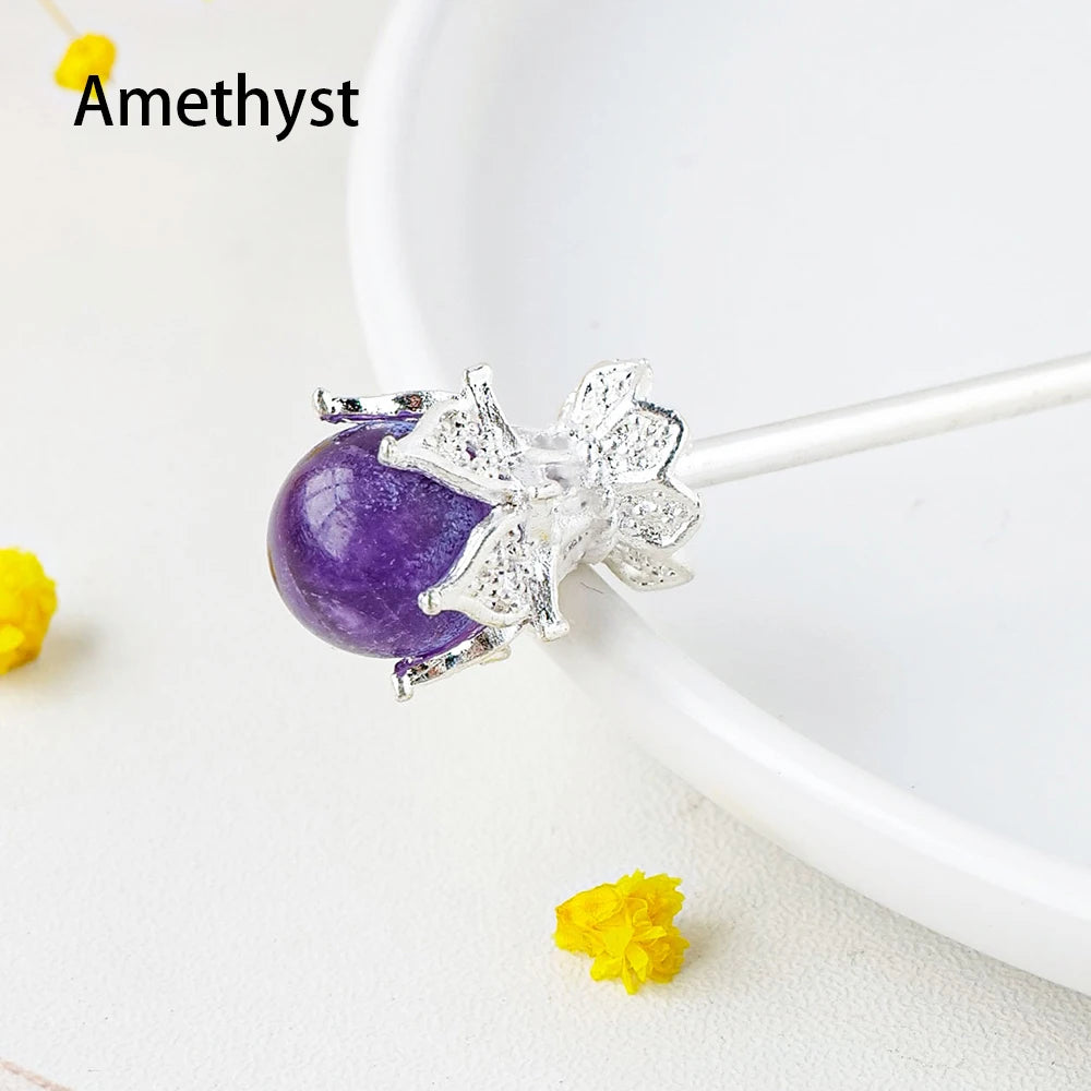 Natural Amethyst Sphere Crystal Ball Hairpin Chinese style Hair Clip Headwear Accessories for Women Girls Retro Jewelry Gift