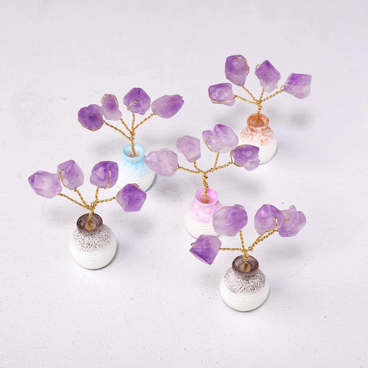 Natural Amethyst Tooth Flower Tree Vase DIY Handmade Mini Fortune Tree Home Desktop Car Decorative Crafts