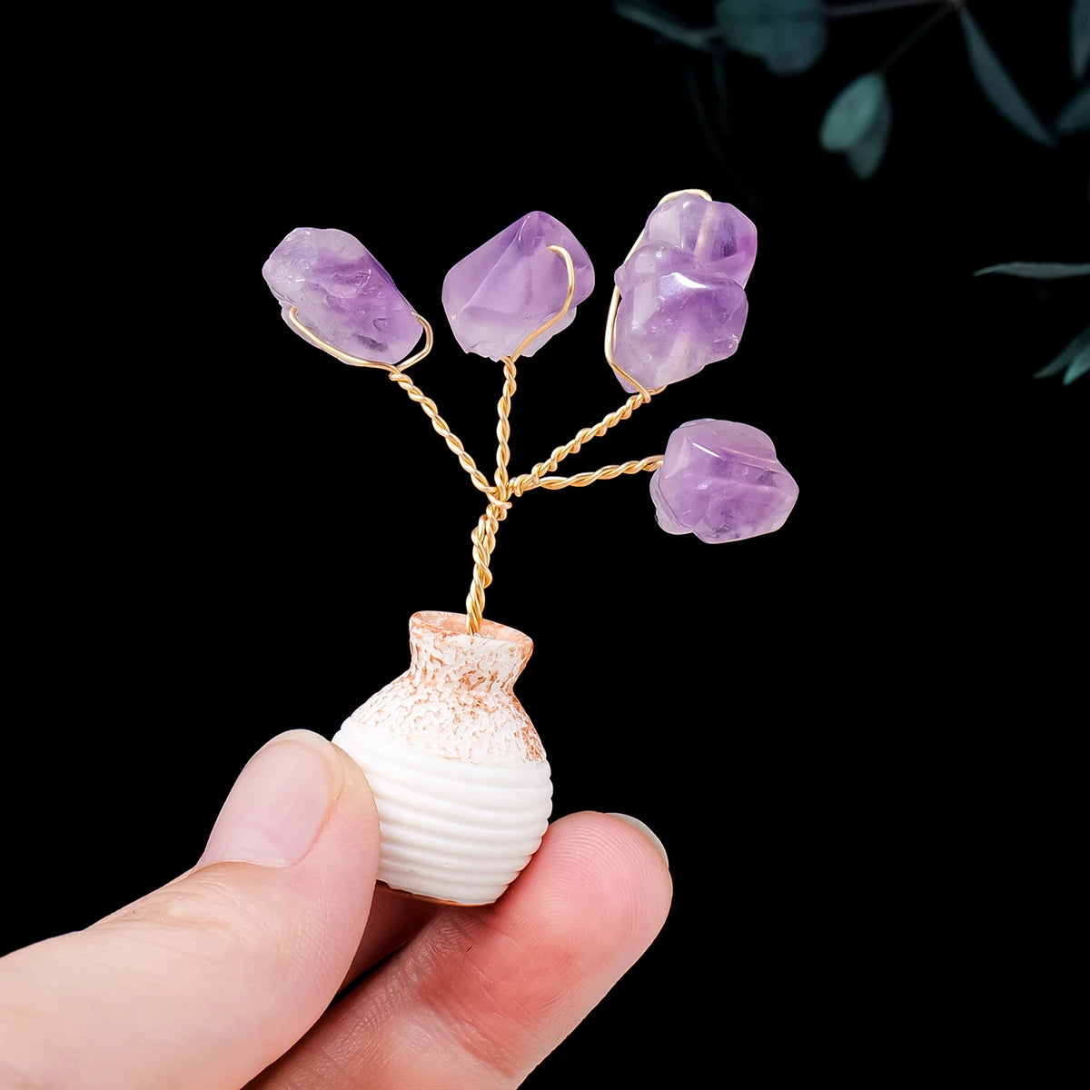 Natural Amethyst Tooth Flower Tree Vase DIY Handmade Mini Fortune Tree Home Desktop Car Decorative Crafts