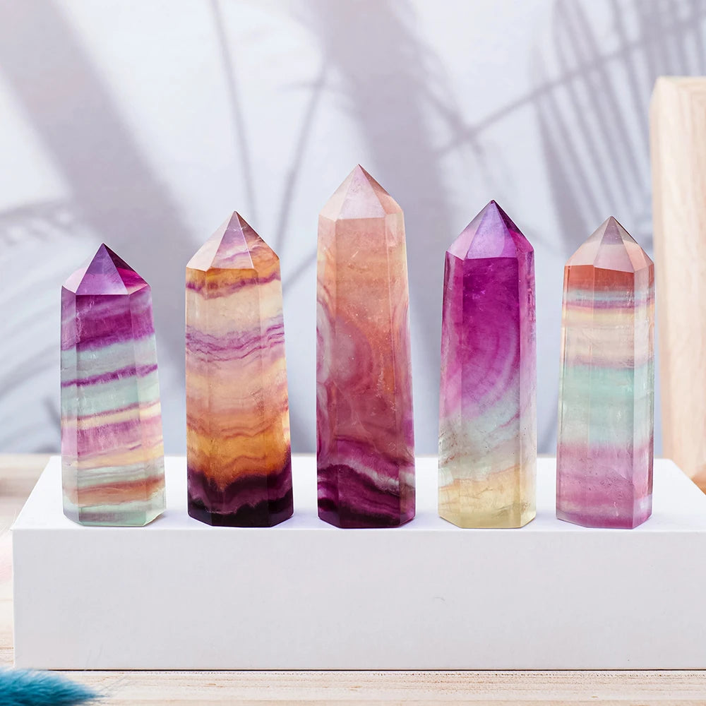 Natural Coloful Watermelon Fluorite Hexagonal Column Magic Point Crystal Tower Ornament for Home Decor Pyramid