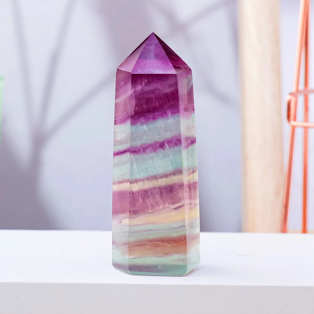 Natural Coloful Watermelon Fluorite Hexagonal Column Magic Point Crystal Tower Ornament for Home Decor Pyramid