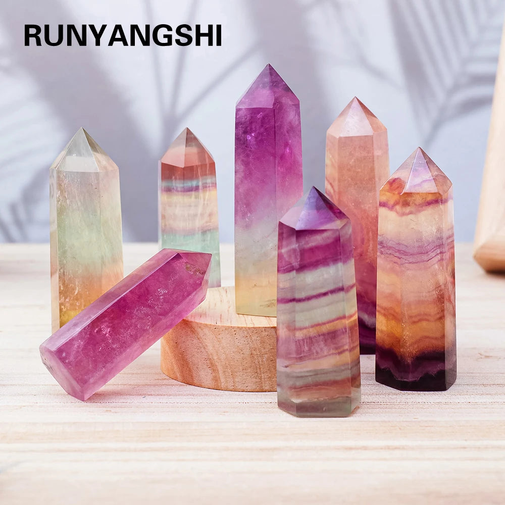 Natural Coloful Watermelon Fluorite Hexagonal Column Magic Point Crystal Tower Ornament for Home Decor Pyramid