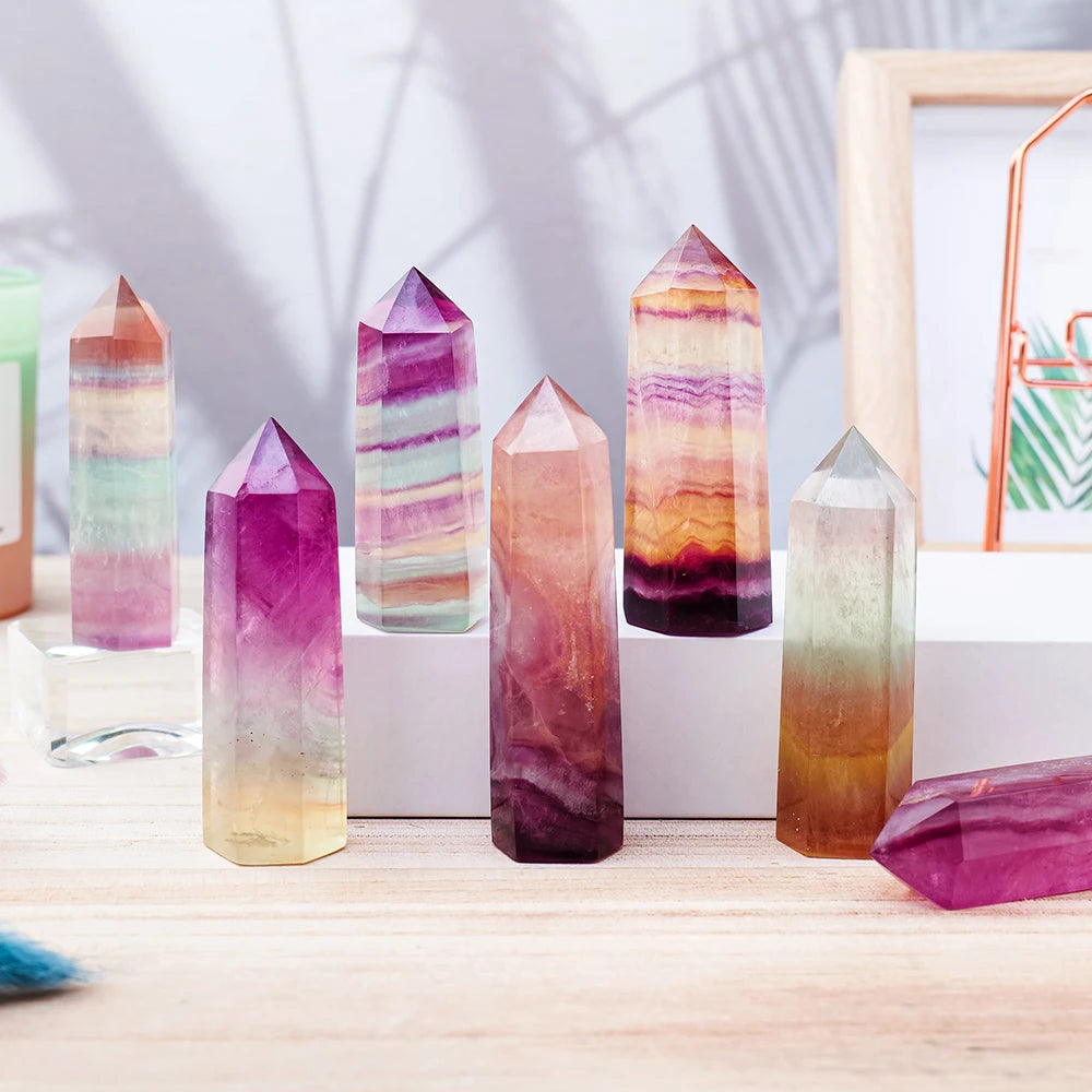 Natural Coloful Watermelon Fluorite Hexagonal Column Magic Point Crystal Tower Ornament for Home Decor Pyramid