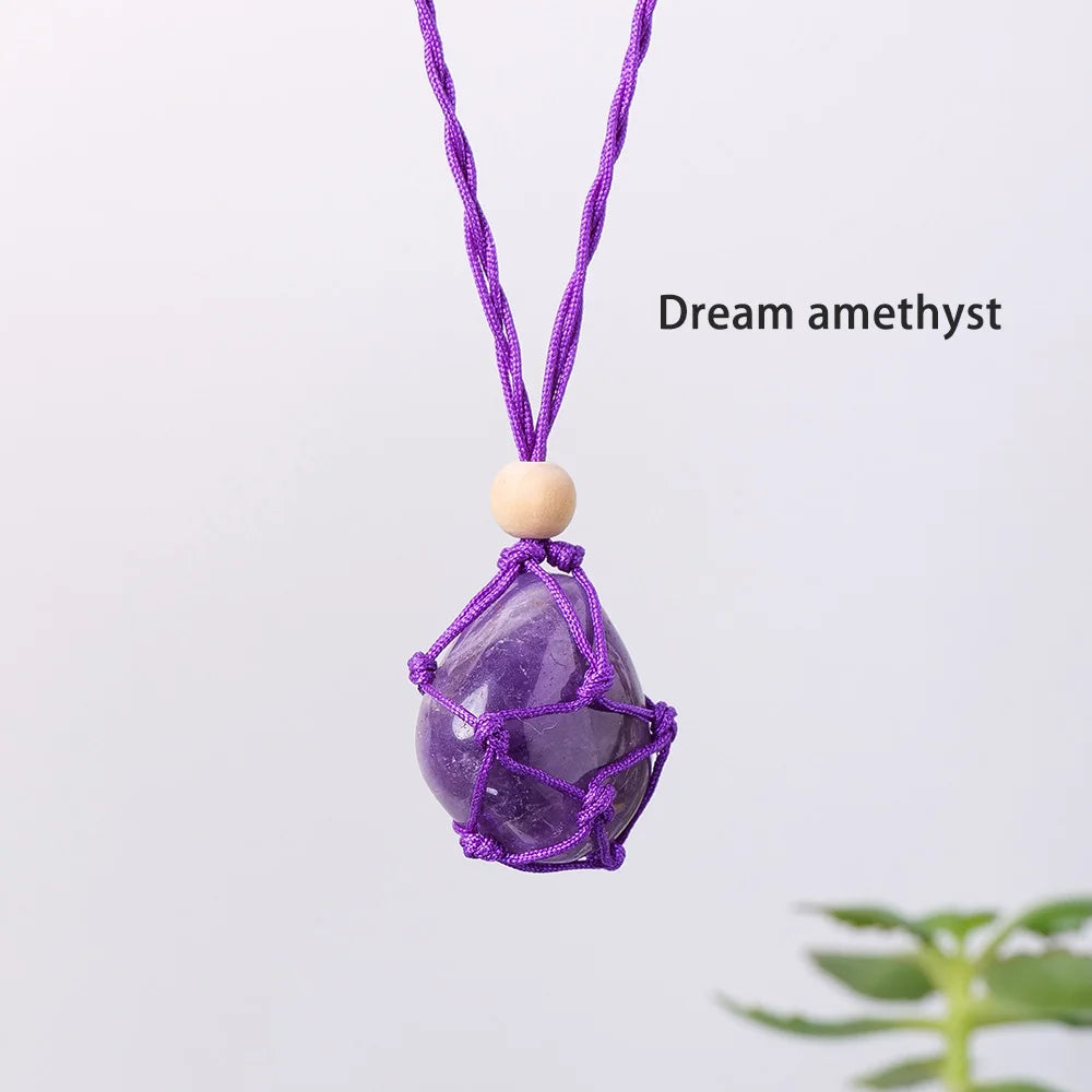 Natural Colourful Gemstone Polished Tumble Stone Amethyst Net Bag Crystal Pendant Healing Quartz Necklace For Woman Gifts