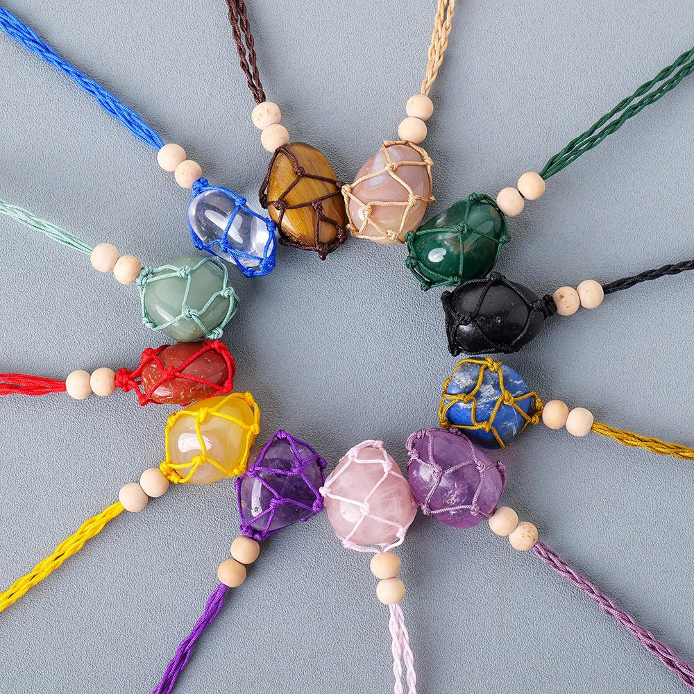 Natural Colourful Gemstone Polished Tumble Stone Amethyst Net Bag Crystal Pendant Healing Quartz Necklace For Woman Gifts