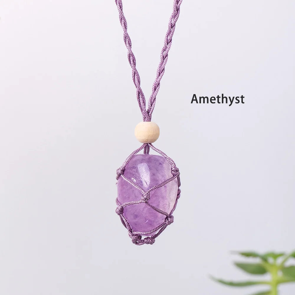 Natural Colourful Gemstone Polished Tumble Stone Amethyst Net Bag Crystal Pendant Healing Quartz Necklace For Woman Gifts