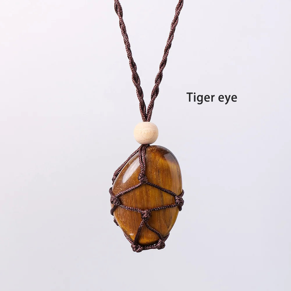 Natural Colourful Gemstone Polished Tumble Stone Amethyst Net Bag Crystal Pendant Healing Quartz Necklace For Woman Gifts