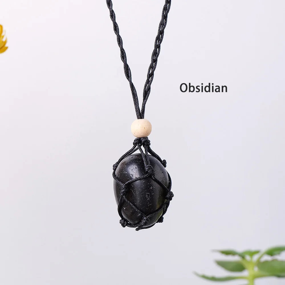 Natural Colourful Gemstone Polished Tumble Stone Amethyst Net Bag Crystal Pendant Healing Quartz Necklace For Woman Gifts