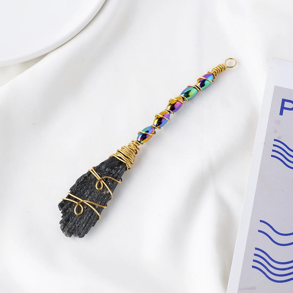 Natural Crystal Broom Black Tourmaline Aura Blaze Blue Feather Shape DIY Sweeper Witchcraft Ornaments