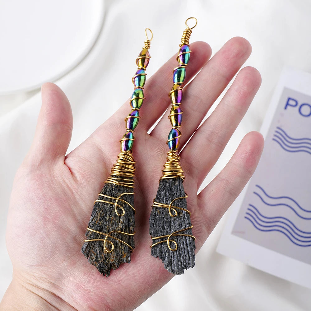 Natural Crystal Broom Black Tourmaline Aura Blaze Blue Feather Shape DIY Sweeper Witchcraft Ornaments