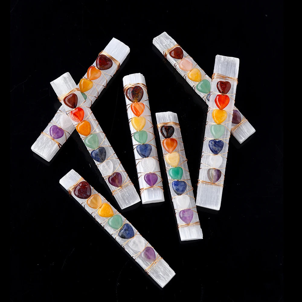 Natural Crystal Crafts Seven Chakras Heart Beads Wire Wrapped Selenite Stick Healing Gemstones Gifts