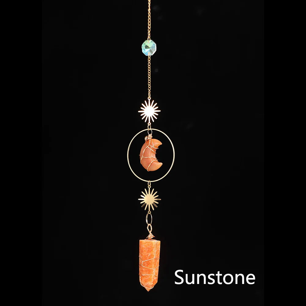 Natural Crystal Handmade Wind Chime Rose Quartz Dream Moon Sun Catchers Pendant Window Hanging Ornament Home Room Decor Gift