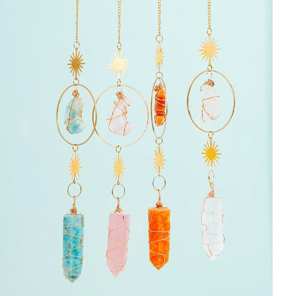 Natural Crystal Handmade Wind Chime Rose Quartz Dream Moon Sun Catchers Pendant Window Hanging Ornament Home Room Decor Gift