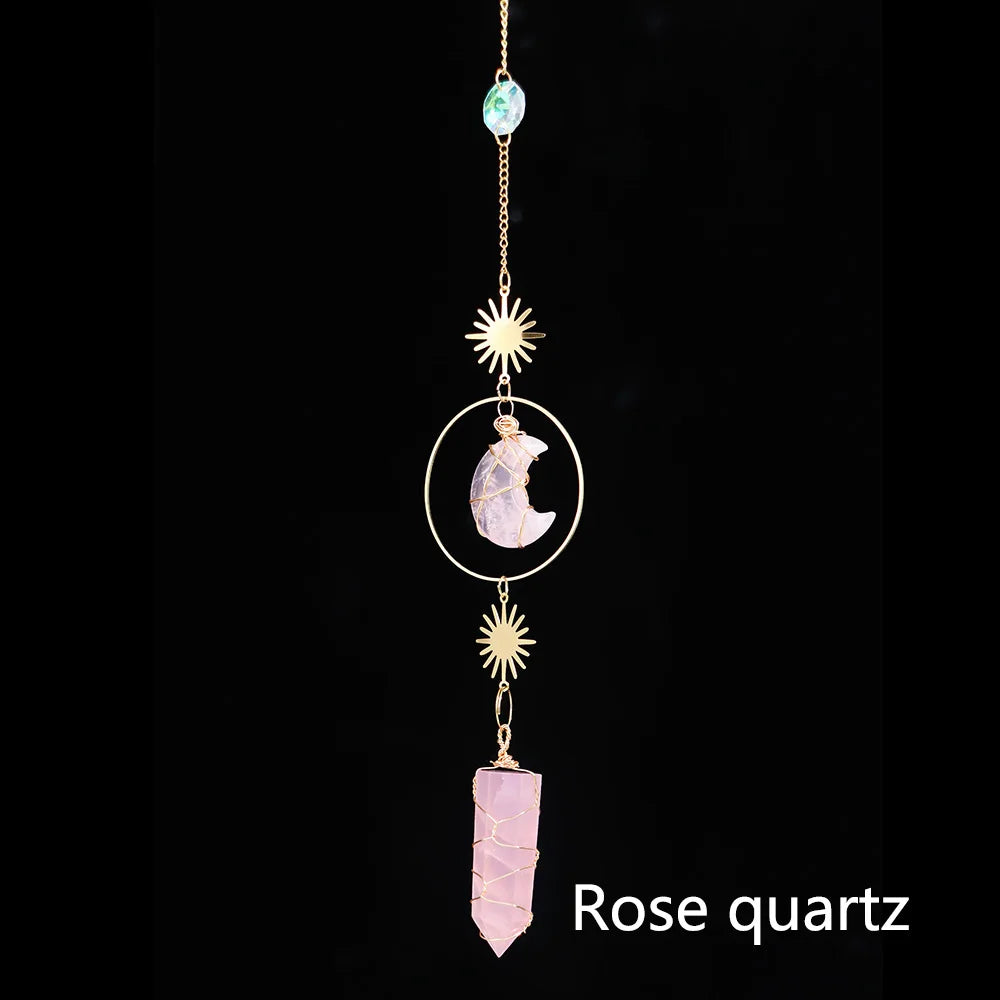 Natural Crystal Handmade Wind Chime Rose Quartz Dream Moon Sun Catchers Pendant Window Hanging Ornament Home Room Decor Gift