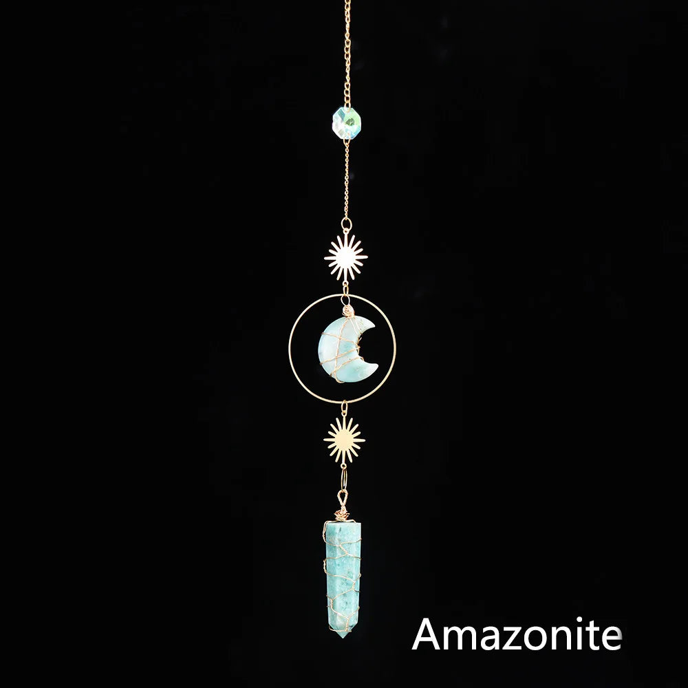 Natural Crystal Handmade Wind Chime Rose Quartz Dream Moon Sun Catchers Pendant Window Hanging Ornament Home Room Decor Gift