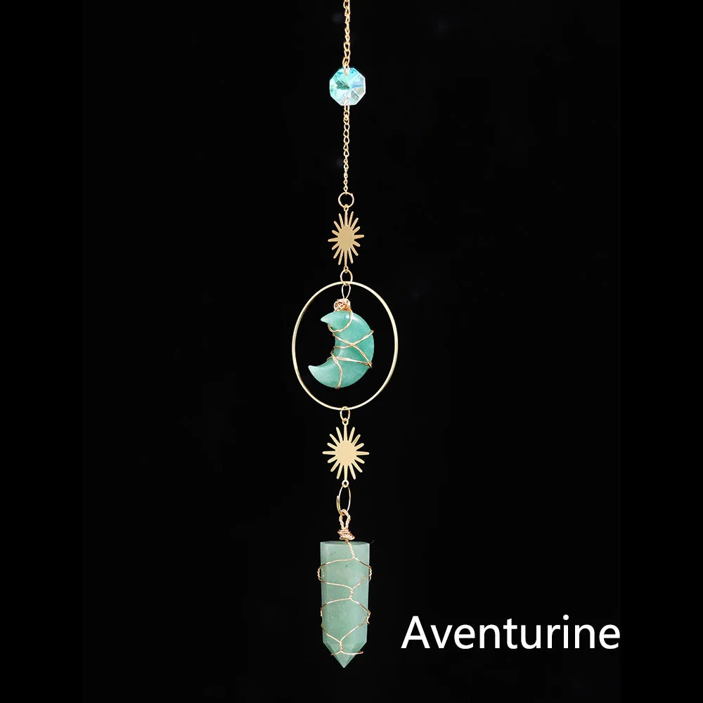 Natural Crystal Handmade Wind Chime Rose Quartz Dream Moon Sun Catchers Pendant Window Hanging Ornament Home Room Decor Gift