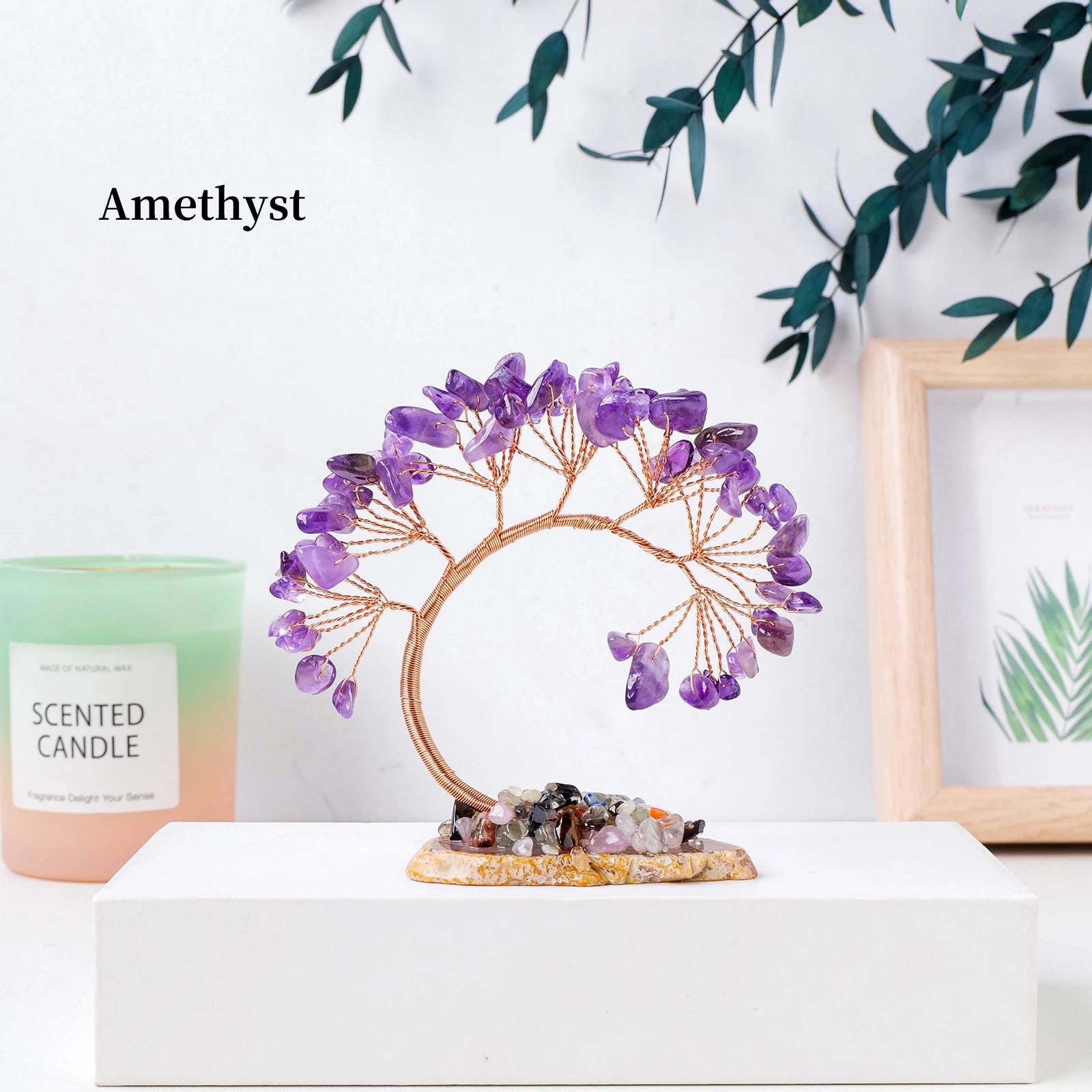 Natural Crystal Lucky Tree Copper Wire Winding Amethyst Gravel With Agate Slice Base Home Decoration Money Trees