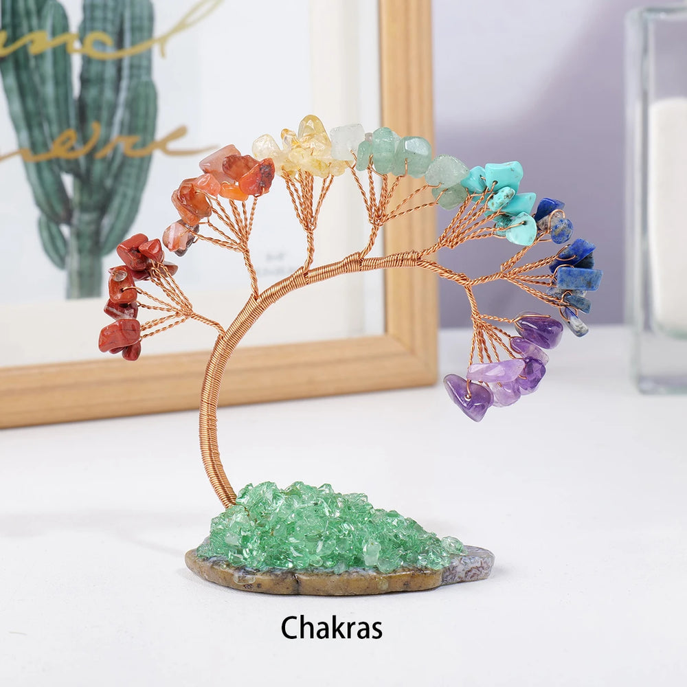 Natural Crystal Lucky Tree Copper Wire Winding Amethyst Gravel With Agate Slice Base Home Decoration Money Trees