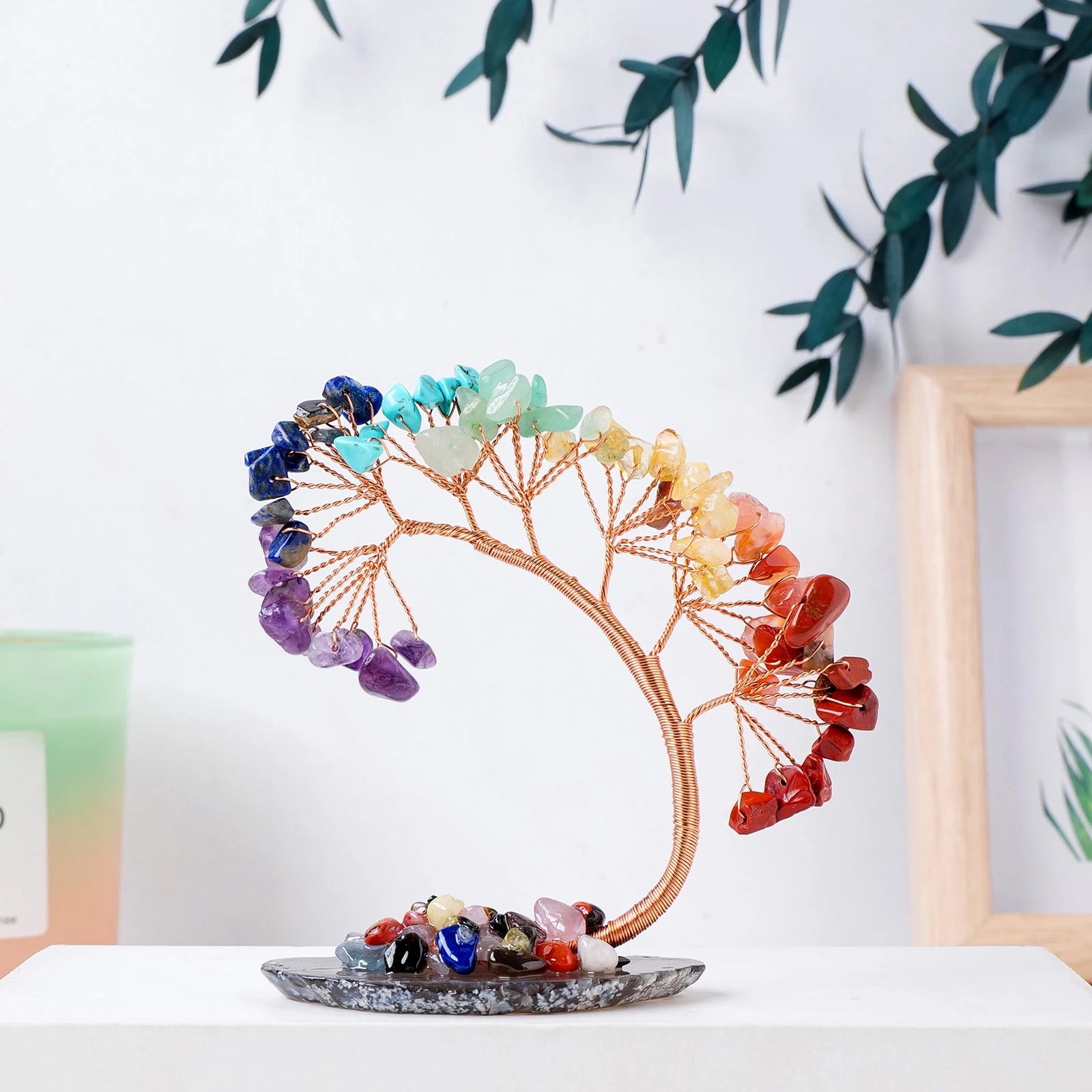 Natural Crystal Lucky Tree Copper Wire Winding Amethyst Gravel With Agate Slice Base Home Decoration Money Trees