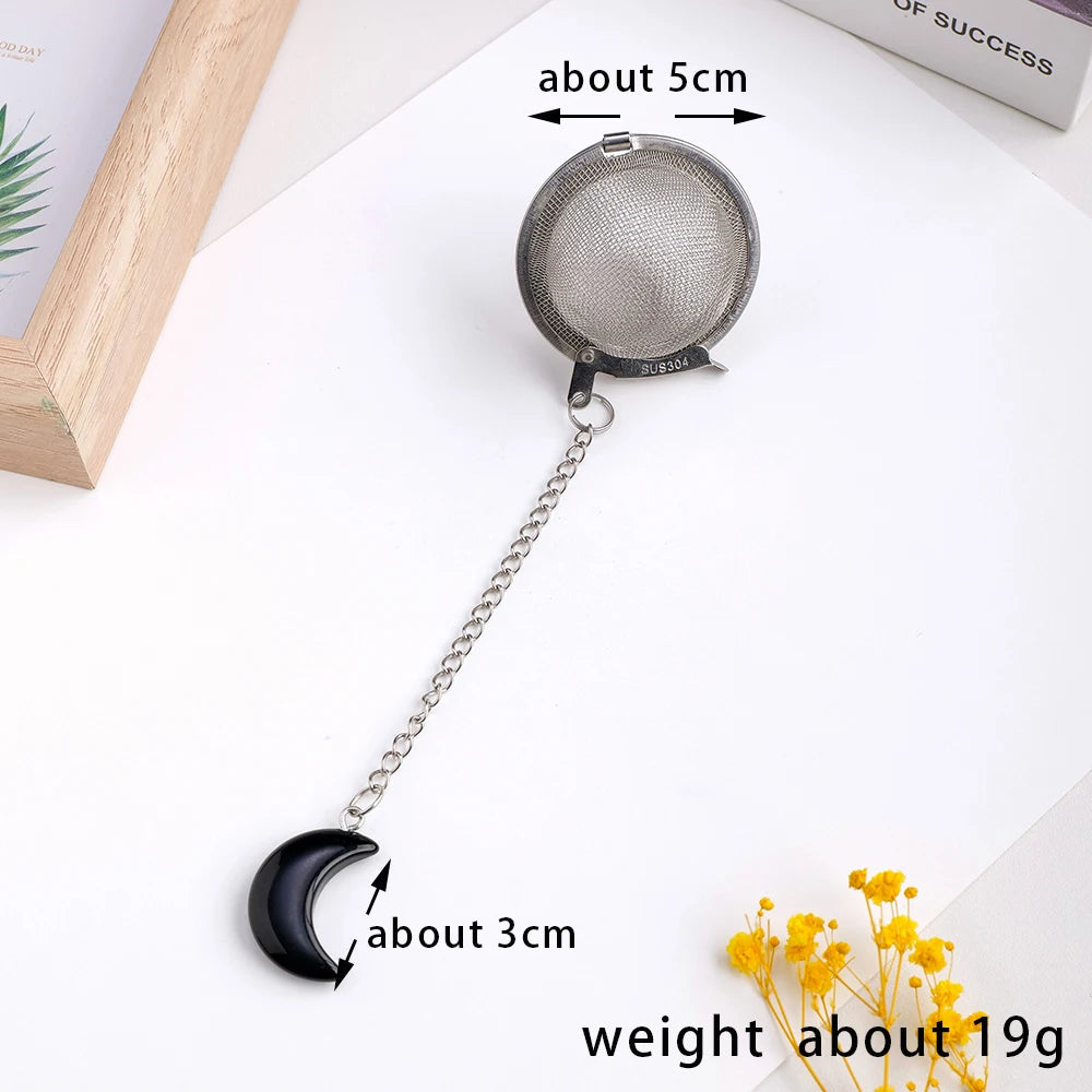 Natural Crystal Obsidian Stone Moon Shape Stainless Steel Tea Leak Proof Mesh Filter With Chain Teapot Infuser Spice Strainer