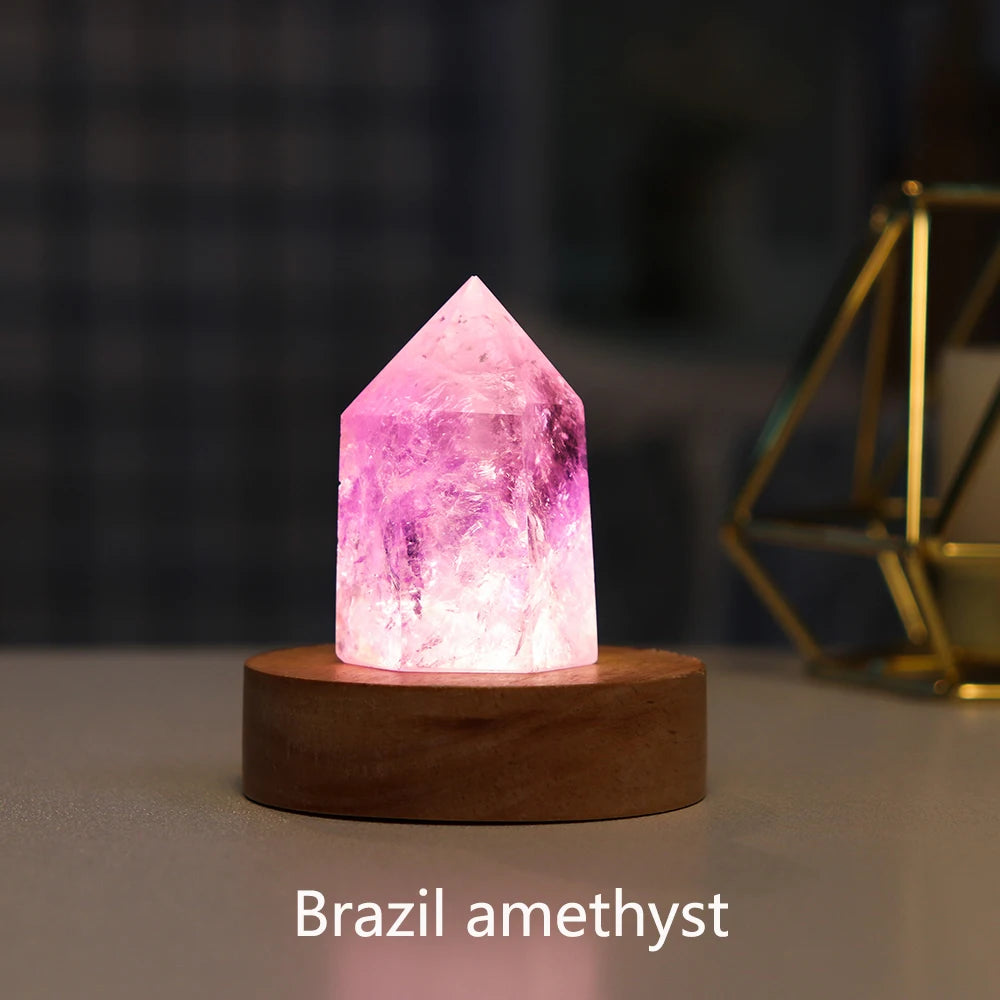 Natural Crystal Point Wand Lamp Brazil Amethyst Clear Quartz Colorful Gemstones USB Interface Bedside Living Room Bedroom Decor