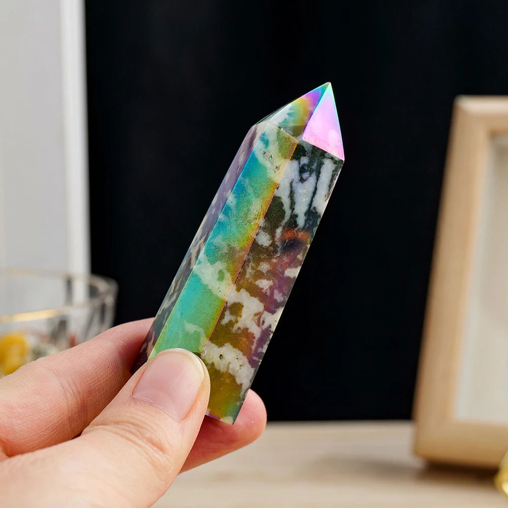 Natural Crystal Quartz Tower Healing Wand Stone Point Zebra stone Aura Rainbow Color  Figurine Meditation Therapy