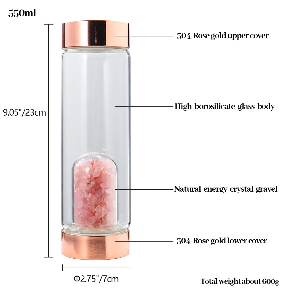 Natural Crystal Rose Gold Glass Water Bottle Amethyst Rose Quartz Gravel Gemstone Healing Glass Elixir Drink Bottle Gift