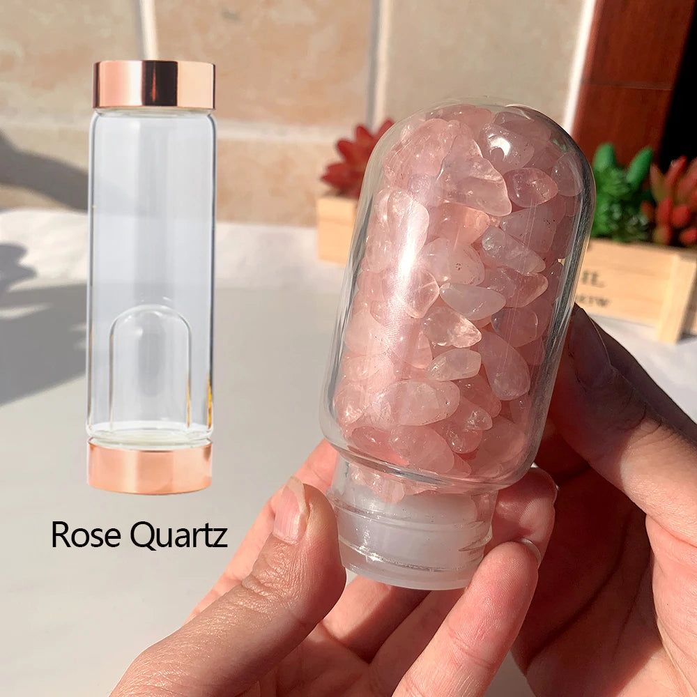 Natural Crystal Rose Gold Glass Water Bottle Amethyst Rose Quartz Gravel Gemstone Healing Glass Elixir Drink Bottle Gift